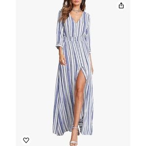 Milumia Women's Stripe V Neck Half Sleeve Split Button Up Party Maxi Dress
